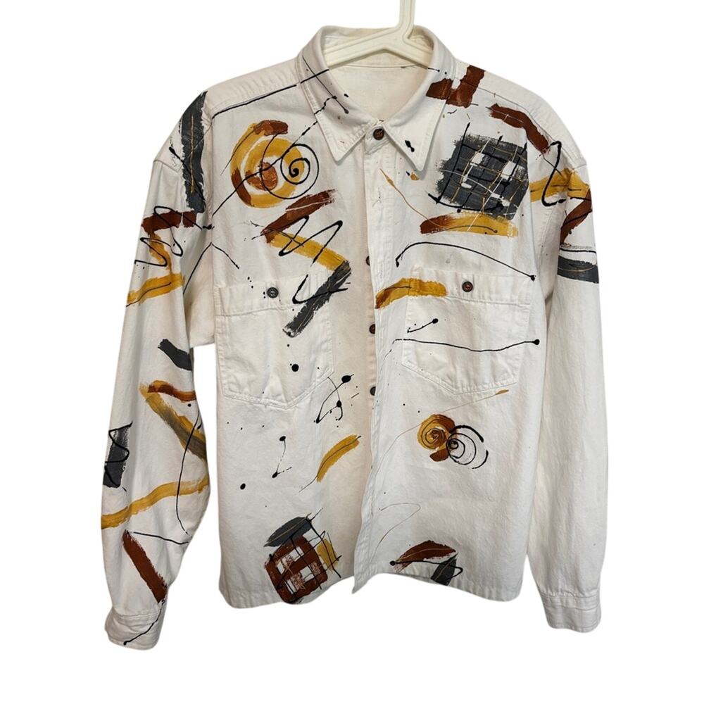 Vintage Hand Painted Shirt Denim Abstract Shaket Art White 80s Funky Festival